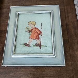 Vintage Flower Girl Walking Needlepoint Framed Cross Stitch